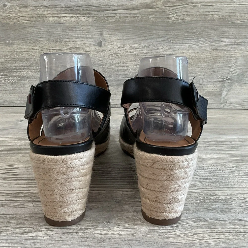 Vionic Brooke Black Leather Espadrille Wedge Beautiful Sandals Women's Size 10 M
